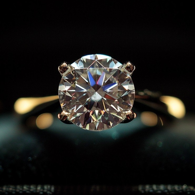 A picture of a diamond set in a gold ring with
							4 prongs